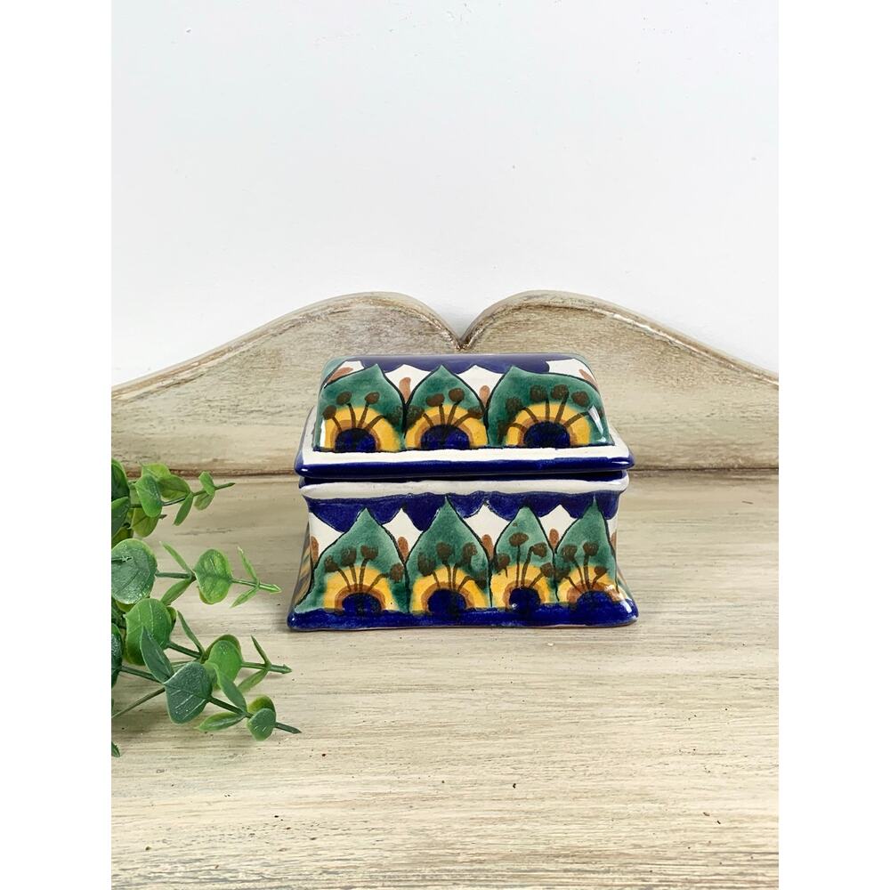 Vintage Mexican Talavera Style Ceramic Lidded Box Hand Painted Pottery Dish